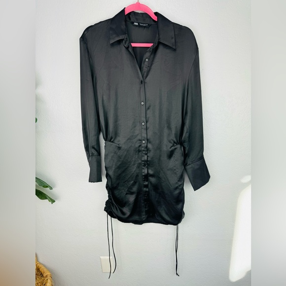 Zara Black Satin Ruched Button Down Shirt Long Sleeve Dress - Picture 3 of 11